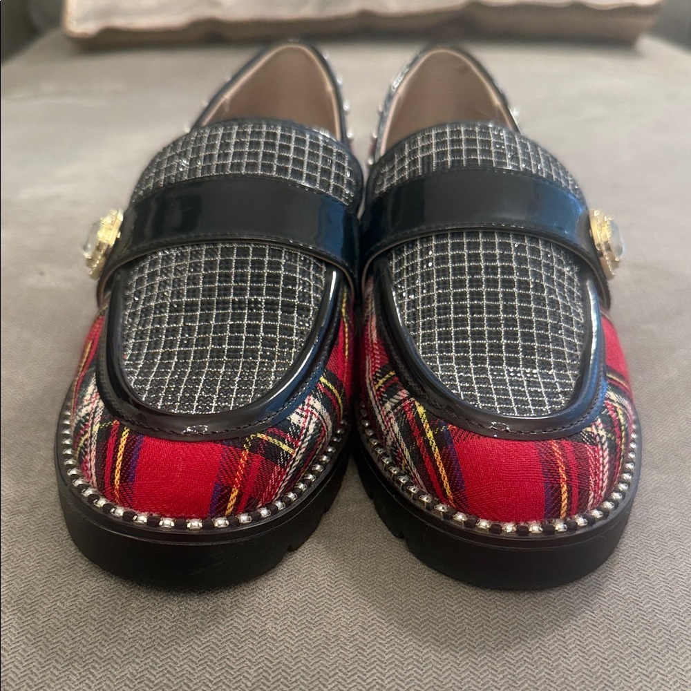 Betsey Johnson Red Plaid & Black Accent Studded Loafers - Picture 3 of 4